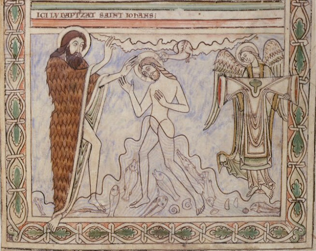 Winchester England Priory of St Swithun or Hyde Abbey  1121- 1161 Winchester Psalter Psalter of Henry of Blois Psalter of St Swithun -Baptism of Christ angel holds robe