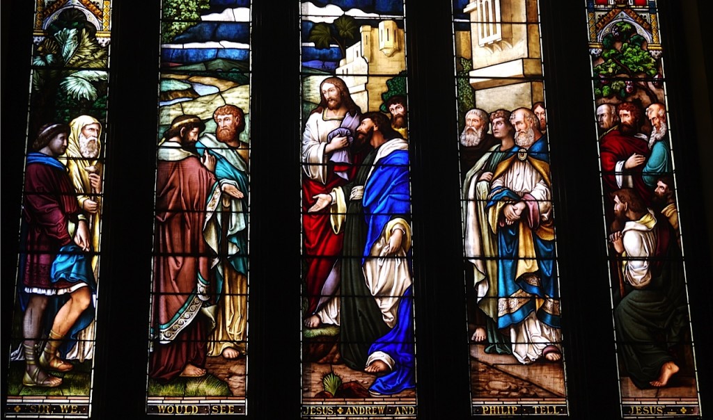 'Sir, we would see Jesus', Andrew and Philip tell Jesus. The Great South Window, of St. Andrew's Church Kingston