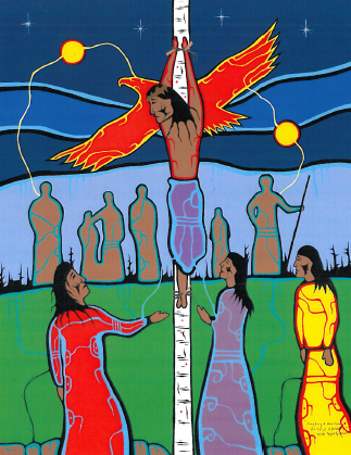 Ovide Bighetty  “Creating a New Family”  One of a series of paintings called “Kisemanito Pakitinasuwin” - The Creator's Sacrifice - commissioned by the Indian Metis Christian Fellowship of Regina, of the Christian Reformed Church. 