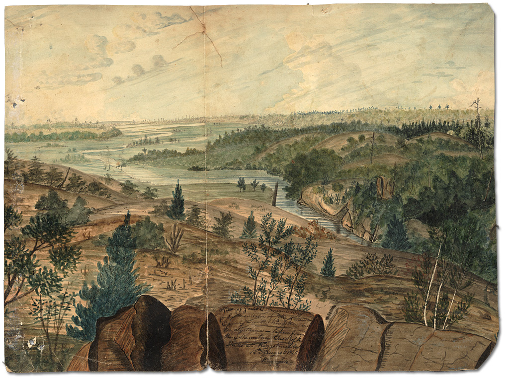 View of the Great Cataraqui Bay or South Entrance of the Rideau Canal with  Kingston in the distance – taken from the Mountain East of the Locks at Kingston Mills, 1830 Watercolour Thomas Burrowes fonds Reference Code: C 1-0-0-0-77 Archives of Ontario, I0002196
